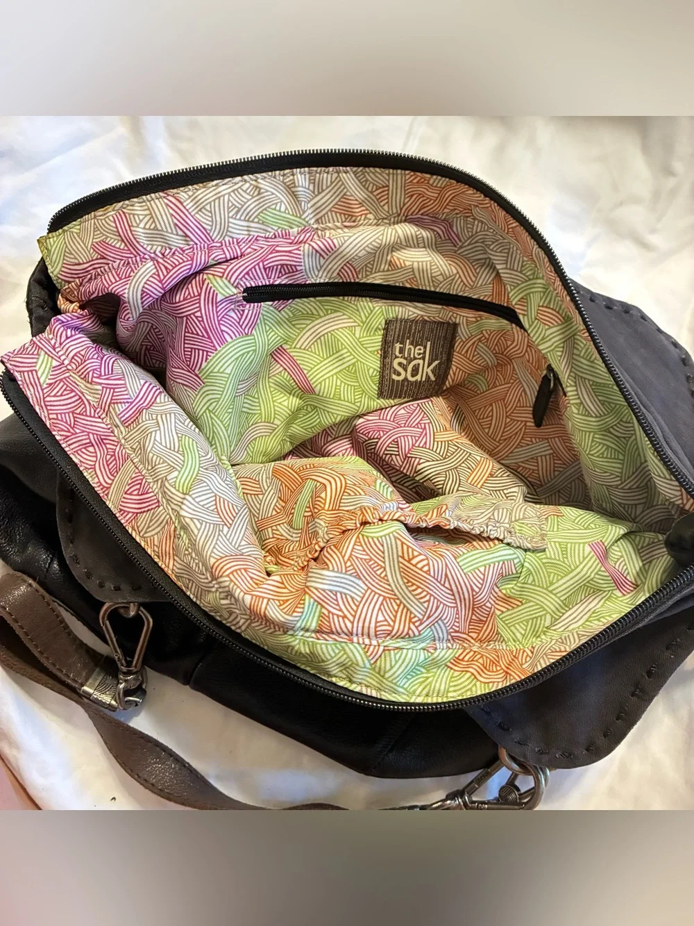 The Sak Black Leather Hobo with Brown Strap Details